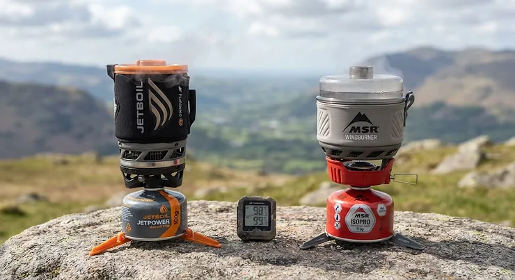 A side-by-side comparison of the Jetboil and MSR Windburner camping stoves for outdoor cooking.