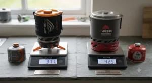 Digital scales showing the weight difference between the Jetboil and MSR Windburner units.