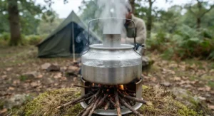 Aluminium Kelly Kettle Base Camp model boiling water using natural twigs and sticks on a British campsite.