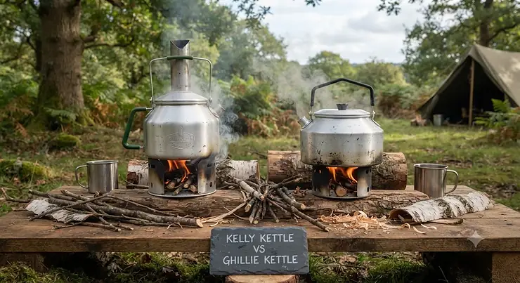 Side by side comparison of a Kelly Kettle and a Ghillie Kettle set up for outdoor camping and bushcraft in the UK. kelly kettle vs ghillie kettle