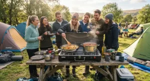 Large portable gas camping stove cooking a meal for a group on a campsite