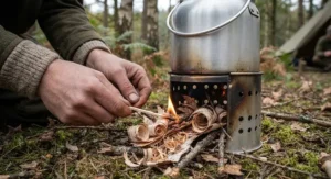 Close up of hands lighting small dry twigs and kindling inside the fire base of a Kelly Kettle outdoors.