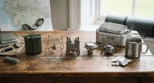 Comparison of the best hexamine stove models laid out next to lightweight aluminium mess tins and a 500ml mug on a wooden table.