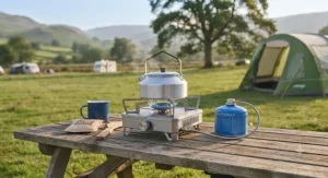 A compact family camping stove powered by a standard gas canister.