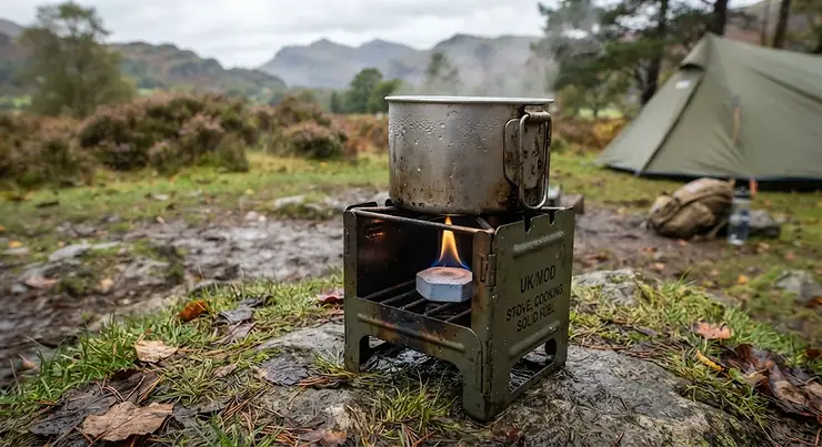 A compact folding military hexamine stove set up for outdoor use on a British campsite.