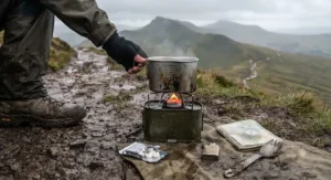 An authentic military surplus hexamine cooker and mug set used by a hiker on a muddy footpath in the Brecon Beacons.