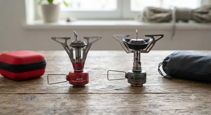 A side-by-side comparison of the MSR PocketRocket and the Soto WindMaster camping stoves on a wooden table.