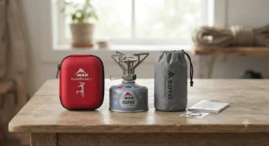 Showing the compact pack size of both the MSR PocketRocket and Soto WindMaster stoves next to a standard gas canister.