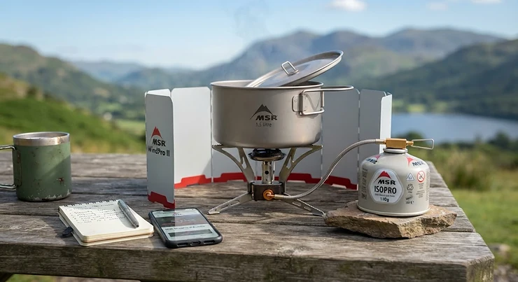 MSR WindPro II stove set up on a camping surface for a review