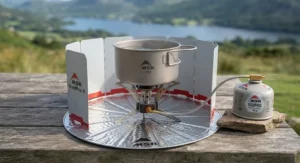 The MSR WindPro II stove with its dedicated wind shield and heat reflector base
