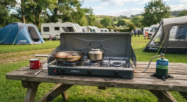 A portable 3-burner camping stove set up on a wooden picnic table at a UK campsite.