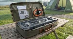 A 3-burner camping stove packed neatly inside its protective storage case for easy transport.