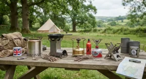 Various portable camping stoves including a Solo Stove and a compact rocket stove laid out on a wooden picnic bench ready for a weekend trip.