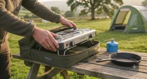 A portable family camping stove being packed away into its protective carry case.