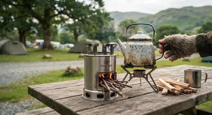 A portable rocket stove for camping set up on a British campsite table, burning wood efficiently.