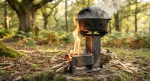 A cast iron camp oven resting on top of a heavy-duty steel rocket stove, boiling water quickly over a small handful of twigs.