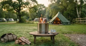 A Solo Stove burning seasoned hardwood logs with its signature smokeless secondary combustion flame in a UK campsite.