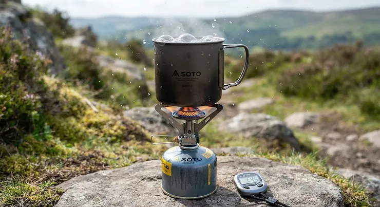 A close-up shot of the Soto WindMaster quickly boiling water in a camping mug during a field test