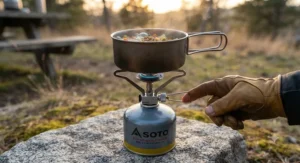 Using the precise flame control dial on the Soto WindMaster for simmering food while camping