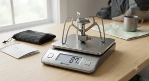 Weighing the ultralight Soto WindMaster stove on digital scales for a backpacking gear review
