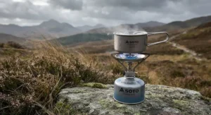 The Soto WindMaster operating effectively in windy conditions, demonstrating its recessed burner head design