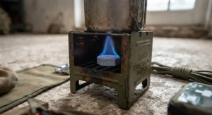 A steady blue flame burning from a solid fuel tablet inside a sturdy military hexamine stove.