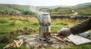 A stainless steel rocket stove for camping heating a kettle of water outdoors during a UK hiking trip.