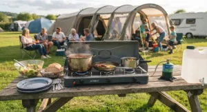 Portable 3-burner camping stove ideal for preparing meals for large groups at a campsite.