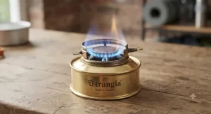 Close up of a Trangia spirit burner with a steady flame during testing
