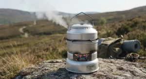 Trangia storm cooker boiling water in a kettle during a weekend hiking expedition