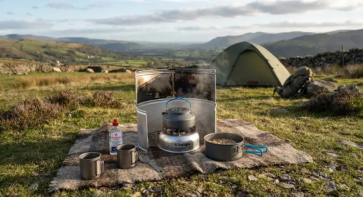 Trangia storm cooker set up and ready for use on a camping trip in the British countryside