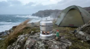 Trangia storm cooker operating steadily in windy conditions during coastal camping