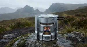 Trangia stove performing well with its windshield in windy British weather