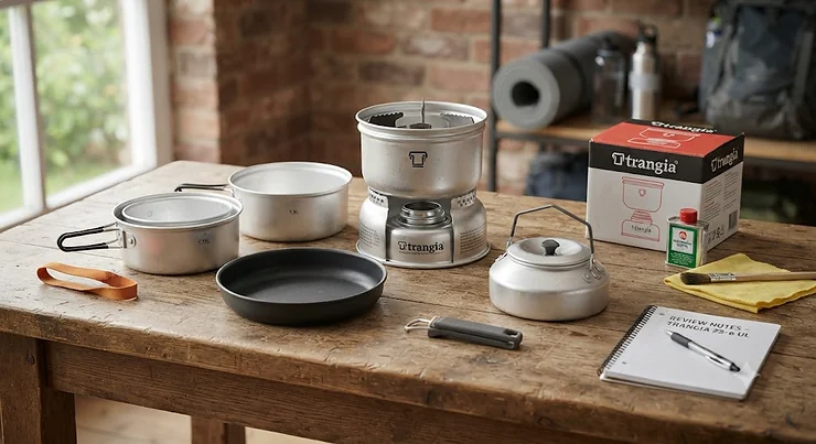 A full Trangia stove set laid out on a wooden table for a review