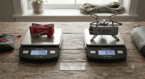 Digital scales showing the precise weight difference between the MSR PocketRocket and the Soto WindMaster for lightweight backpacking.