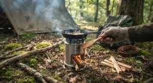 A wood burning rocket stove for camping being used for bushcraft cooking in a woodland setting.