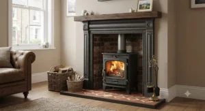 Compact cast iron multi-fuel stove installed in a traditional British fireplace.