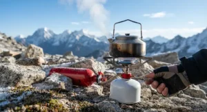 Close-up of a white gas stove heating a kettle in a cold, high-altitude mountain environment.