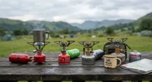 Selection of top-rated affordable petrol and multi-fuel camping stoves available under £120 in the UK.
