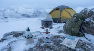 A reliable white gas stove performing well in cold conditions typical of a British winter.
