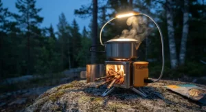 A BioLite campstove fitted with an adjustable flex light for cooking after dark