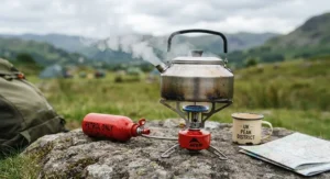 Camping kettle boiling water quickly on a high-performance petrol stove outdoors.