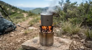 Boiling water in a titanium mug on the Solo Stove Lite during a hike