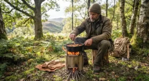 Bushcraft enthusiast cooking hot food over a rugged wood gasifier stove during a weekend expedition in Britain