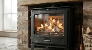Close-up of a low-cost multi-fuel stove efficiently burning seasoned wood logs.