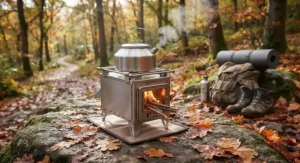A collapsible wood burning stove with a stainless steel kettle boiling on top during an autumn hike.