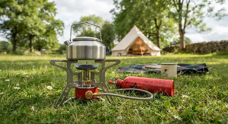 A compact petrol camping stove resting on green grass, ready for outdoor cooking on a British campsite.