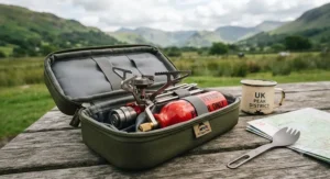 Portable petrol stove packed neatly into its carrying case for lightweight UK backpacking.