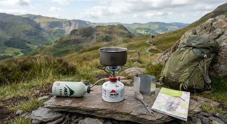 A compact white gas stove designed for lightweight backpacking trips in the UK countryside.