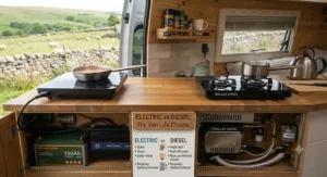 Side-by-side comparison of an electric camping stove and a diesel camping stove for UK van life adventures.